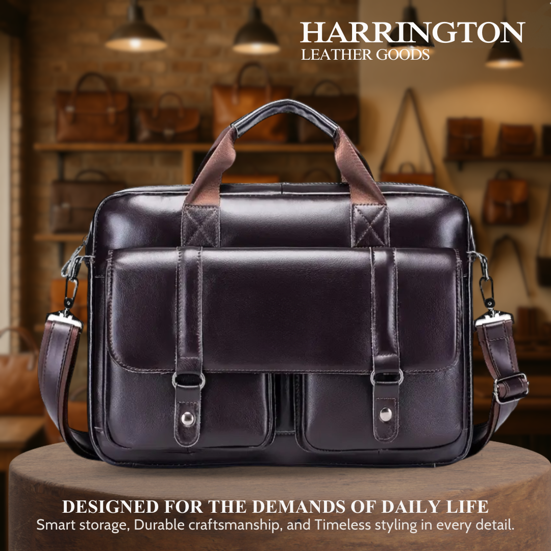 Sterling | Polished Leather Briefcase with Front Buckle Pockets