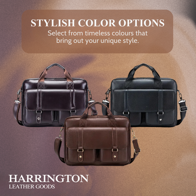 Sterling | Polished Leather Briefcase with Front Buckle Pockets