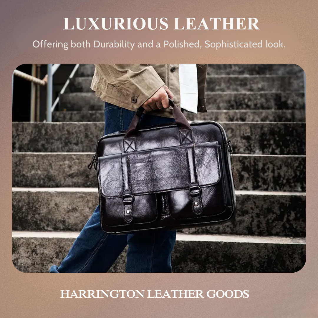 Sterling | Polished Leather Briefcase with Front Buckle Pockets