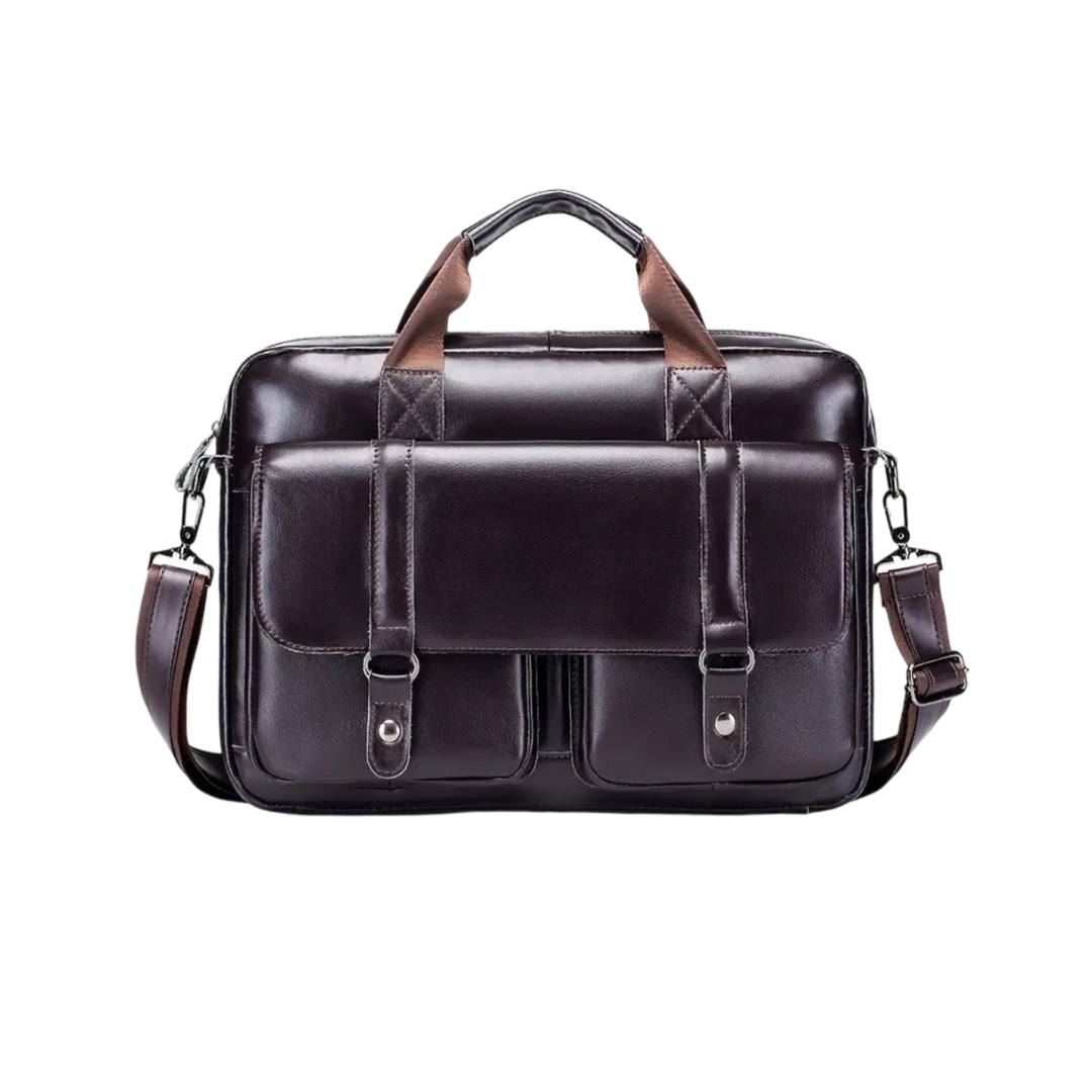 Sterling | Polished Leather Briefcase with Front Buckle Pockets