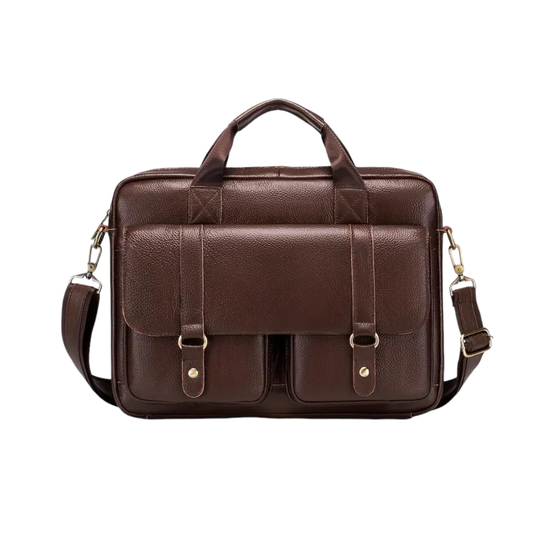 Sterling | Polished Leather Briefcase with Front Buckle Pockets